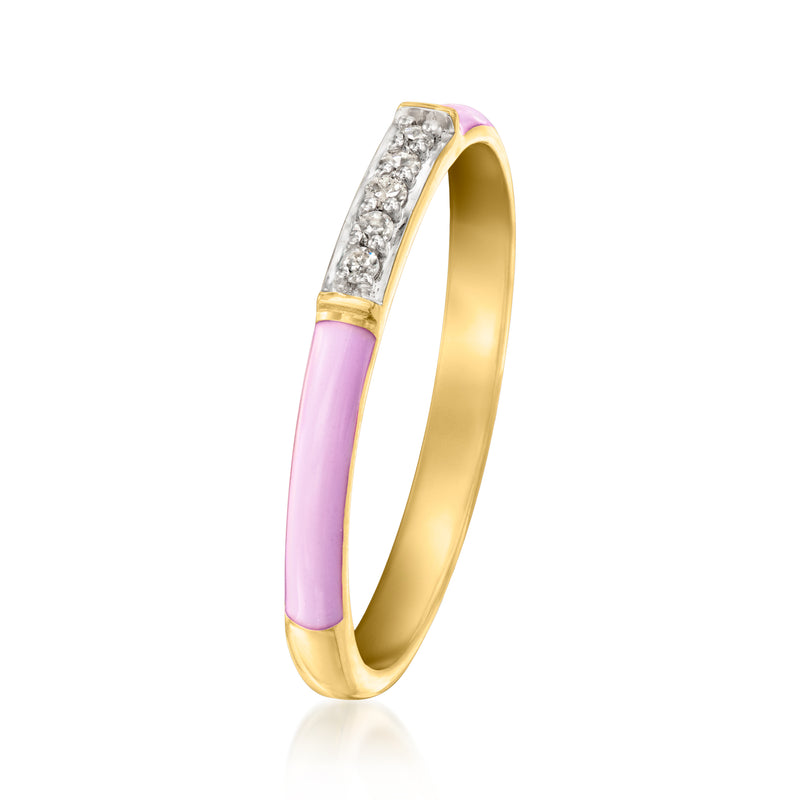 Pastel purple enamel and diamond channel ring with gold band, angled view
