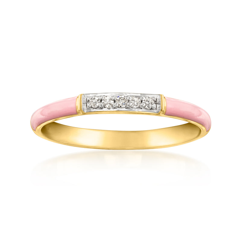 Pastel pink enamel ring with diamond pave and gold bezel, top view