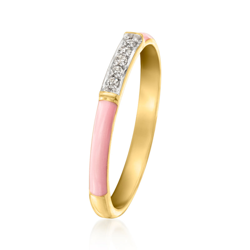 Pastel pink enamel ring with diamond-set top band, slim gold-tone profile