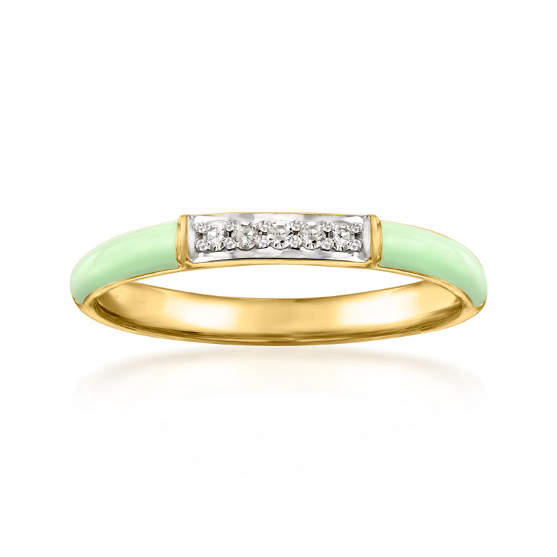 Pastel green enamel diamond ring with gold bezel, row of stones across top