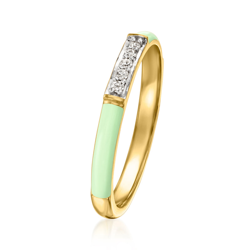Pastel green enamel ring with diamonds in 18kt gold over sterling