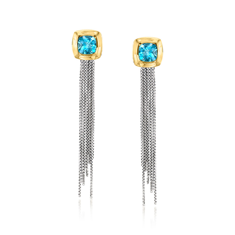 Blue topaz tassel drop earrings with square gems, yellow gold posts, and sterling silver chains