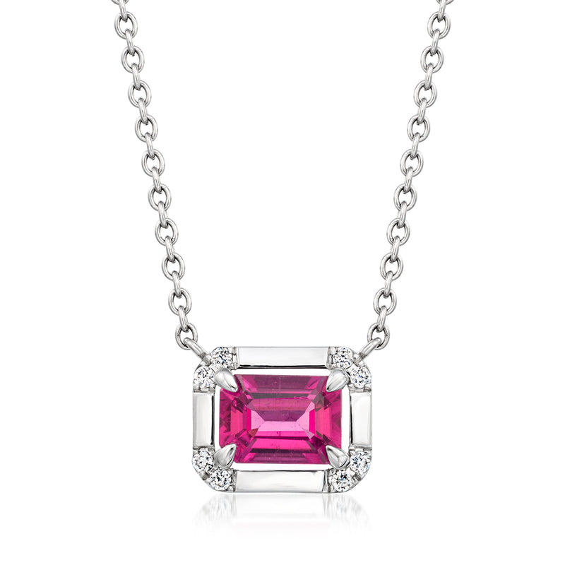 White gold necklace with pink rectangular tourmaline, diamond side accents, link chain