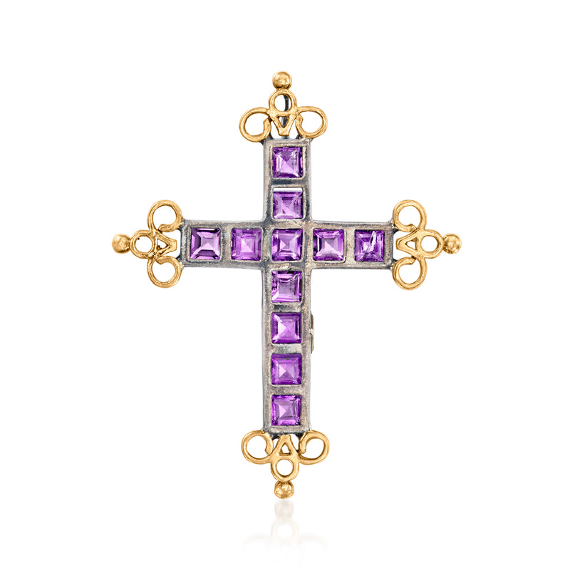 Amethyst cross pendant in yellow gold with square purple stones on sterling silver frame