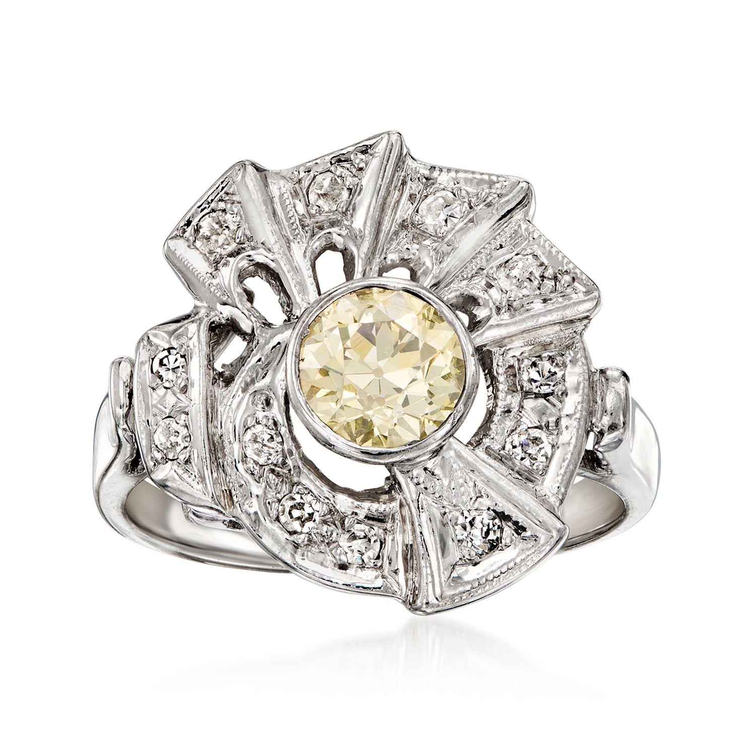 C. 1980 Vintage .85 ct. t.w. Yellow and White Diamond Swirl Ring in 14kt White Gold