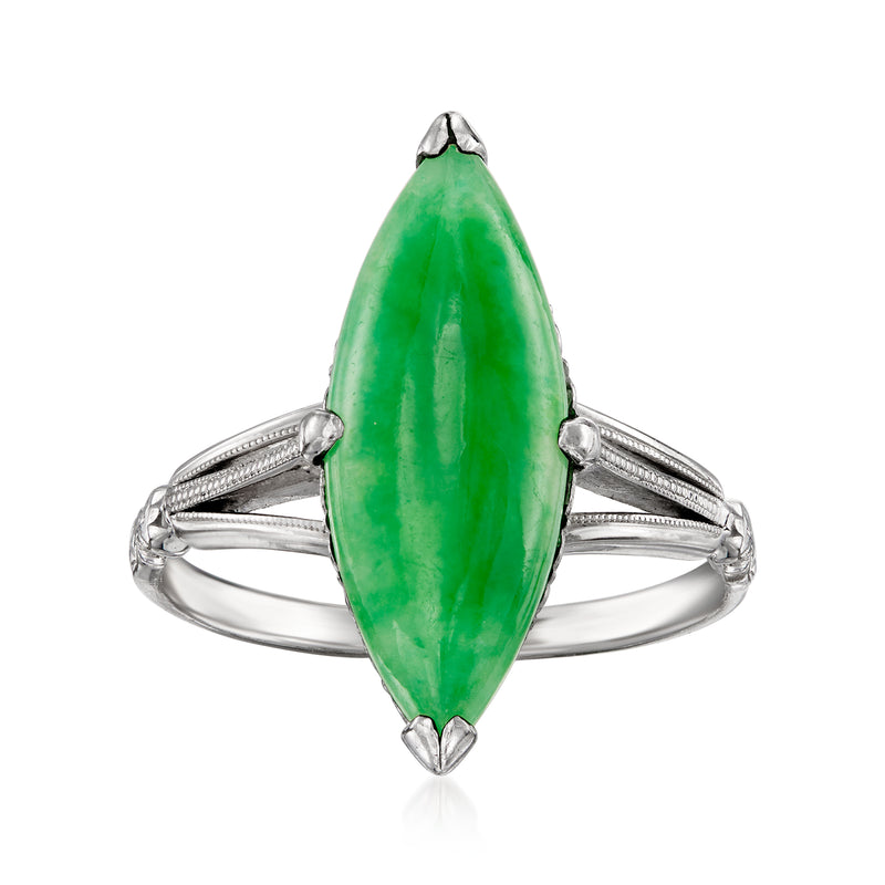 Platinum navette jade ring with green marquise centerpiece and prong-set shoulders