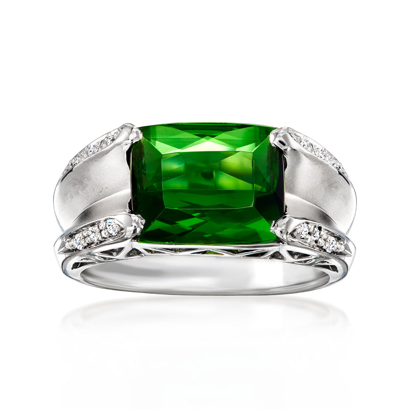 Platinum vintage ring with large green tourmaline centerpiece and diamond accents