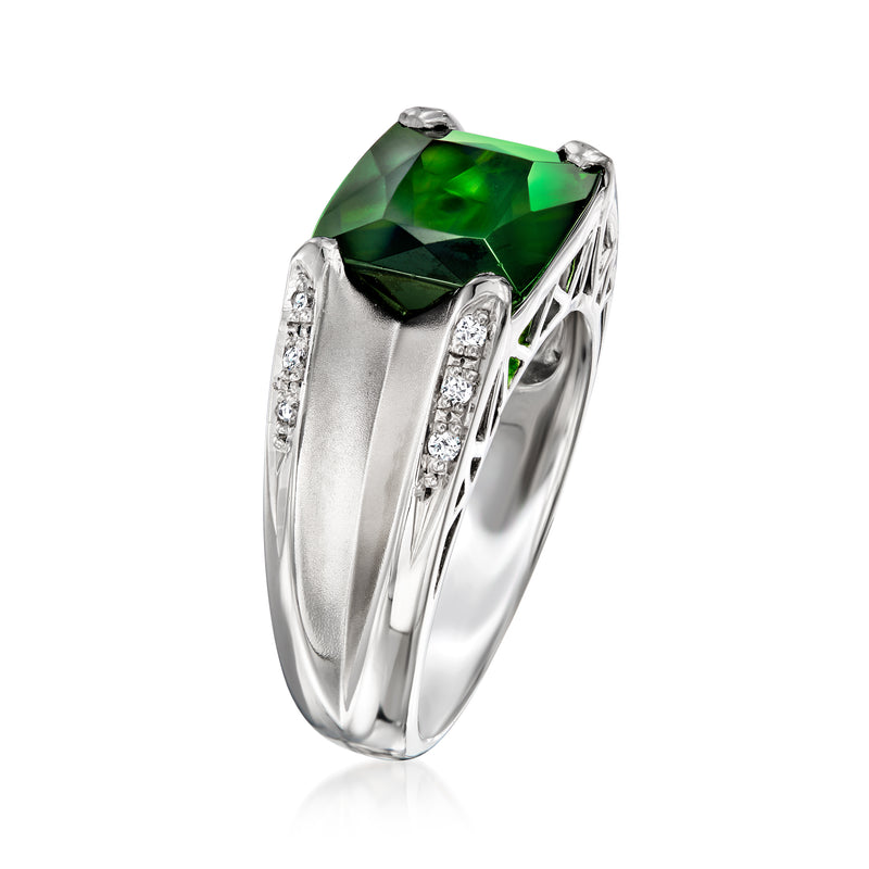 Platinum ring with green tourmaline in top setting and diamond side accents
