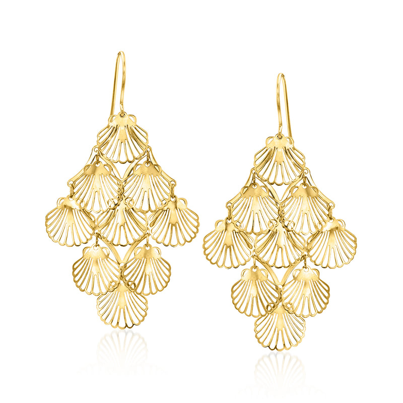 Yellow gold seashell chandelier drop earrings with layered fan-shell details