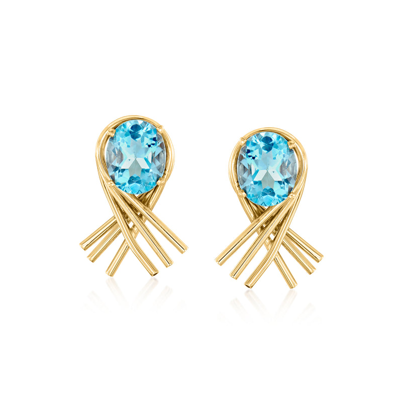14kt yellow gold sky blue topaz stud earrings with fan-like bar frames