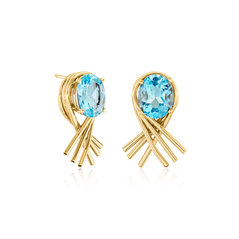 Sky blue topaz stud earrings in 14kt yellow gold with curved fan-bar setting