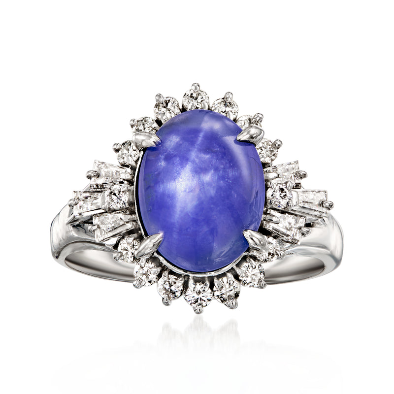 Platinum ring with oval blue sapphire cabochon and diamond halo