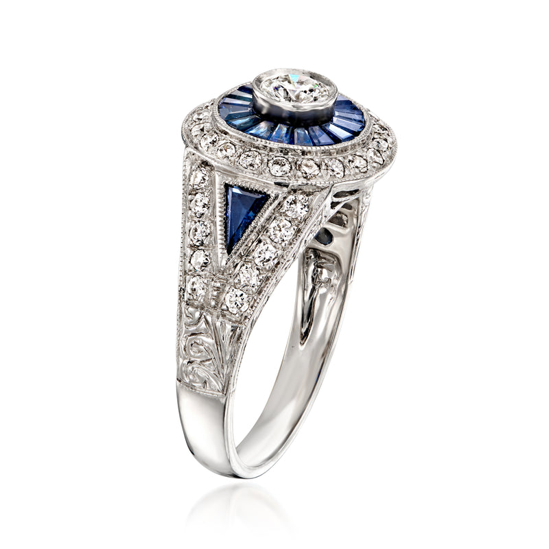 Vintage geometric ring with diamonds and sapphires in white gold