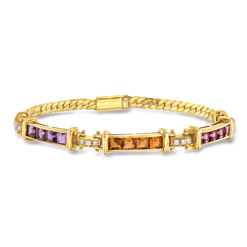 18kt yellow gold bar-link bracelet with multicolor gemstones and diamond accents