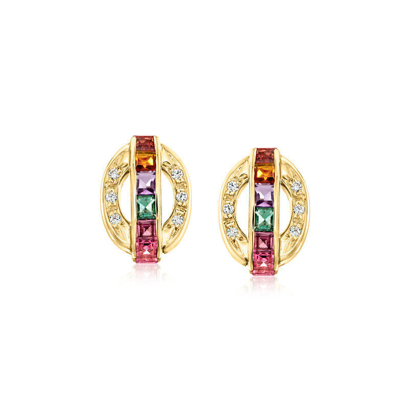 14kt yellow gold oval hoop earrings with multicolor baguette gemstones and diamond accents