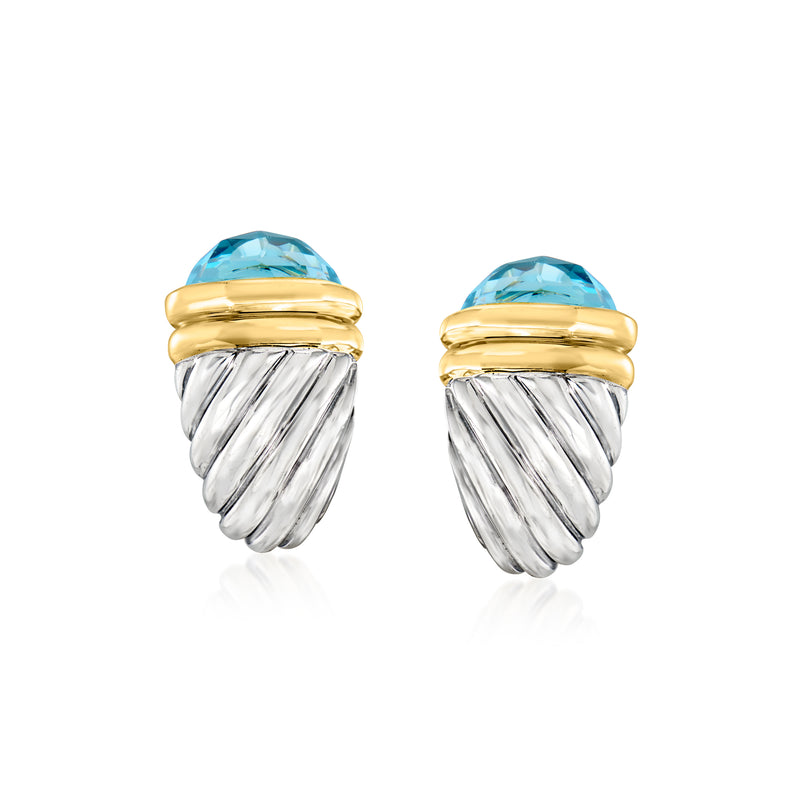 Shrimp earrings with blue topaz in gold bezel and sterling silver drop shape