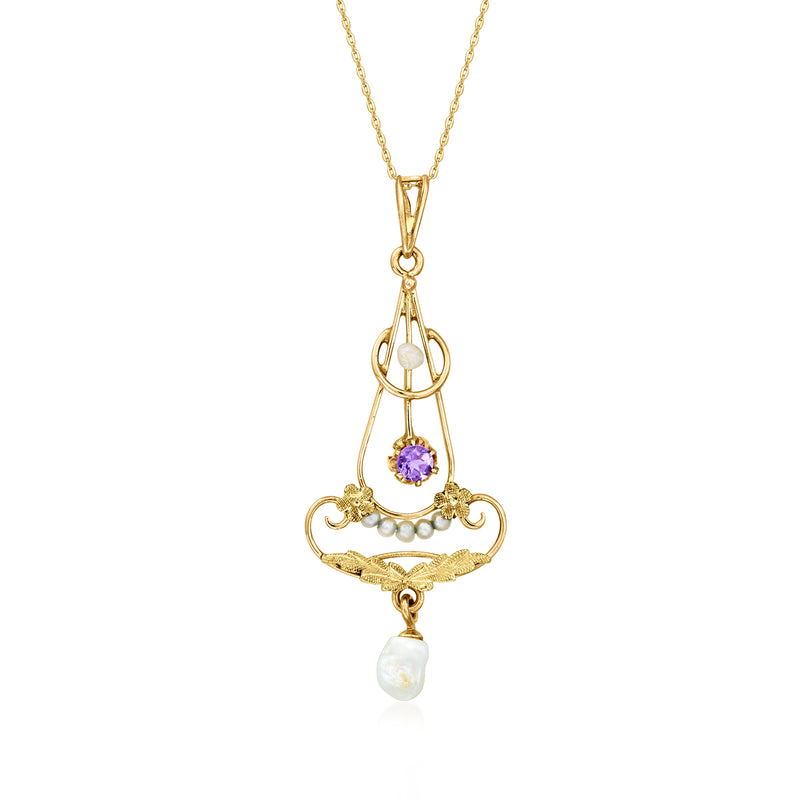 Vintage 10k yellow gold pendant necklace with amethyst and cultured pearls