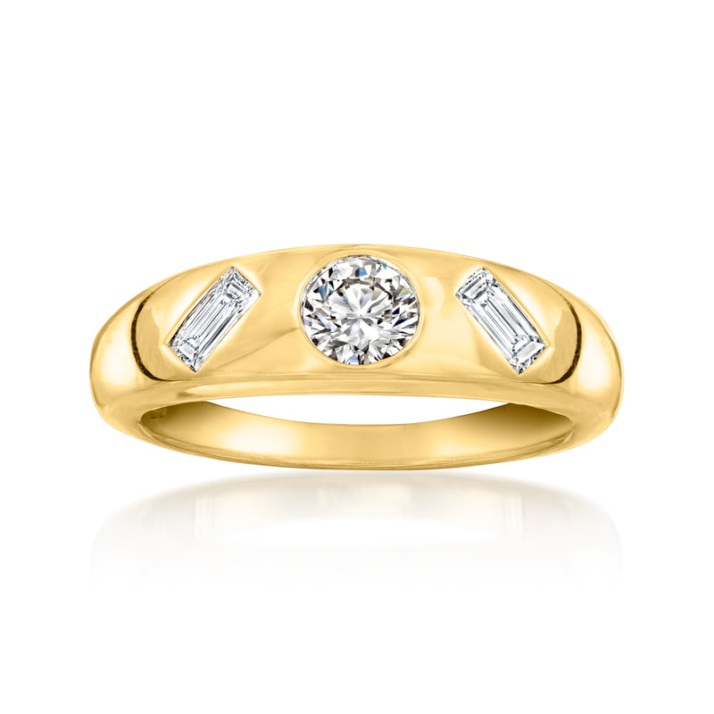 18kt gold-over-sterling ring with round center lab-grown diamond and two baguette accents