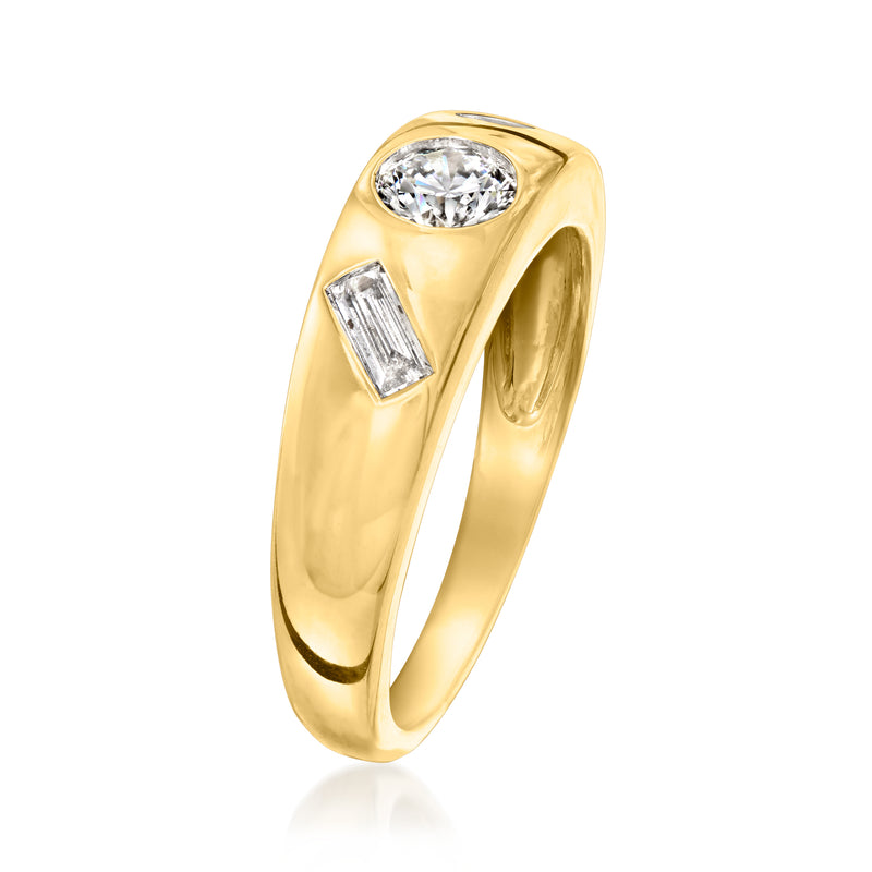 18kt gold-over-sterling ring with raised round center diamond and baguette side stone