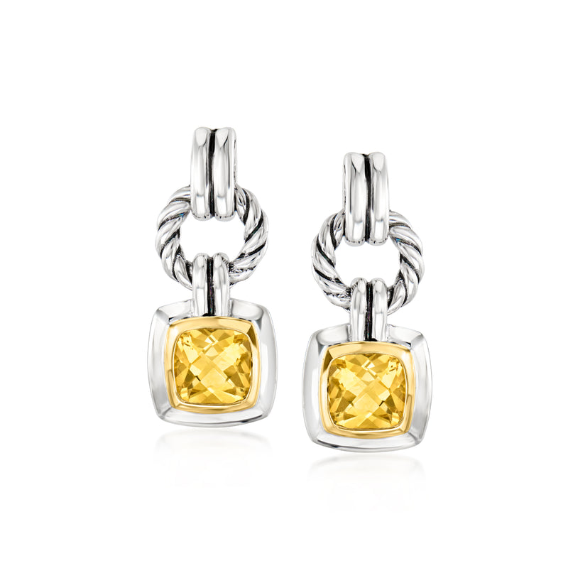 Sterling silver drop earrings with yellow citrine in square bezel and twisted rope links