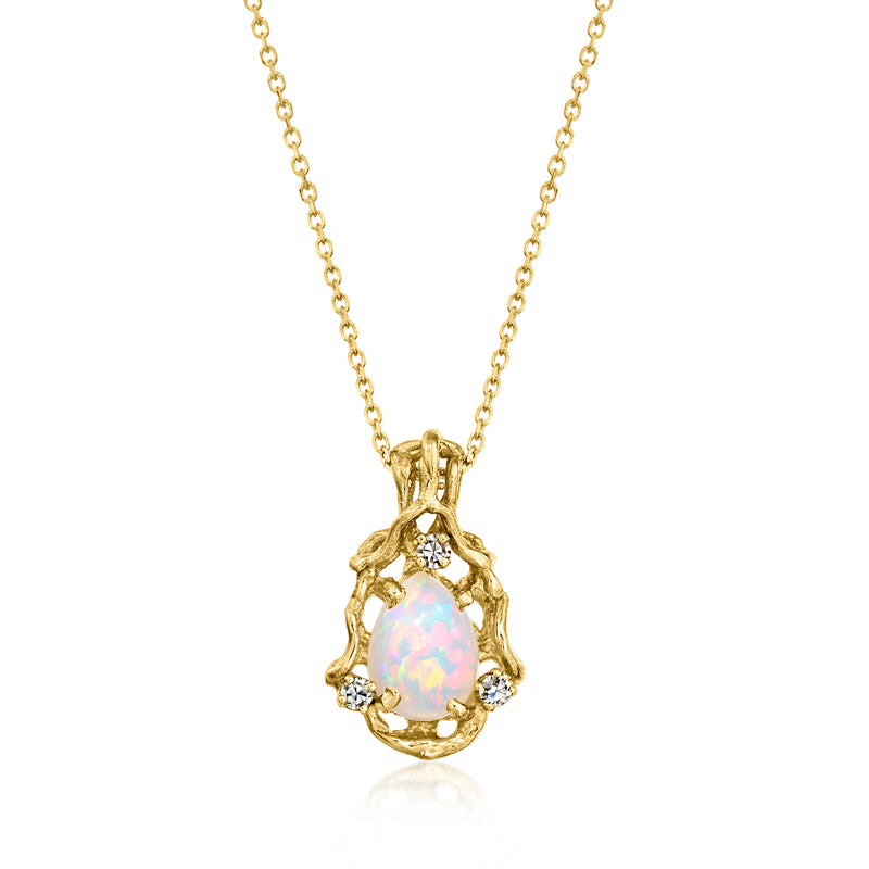 14kt yellow gold opal pendant necklace with diamond accents, teardrop stone