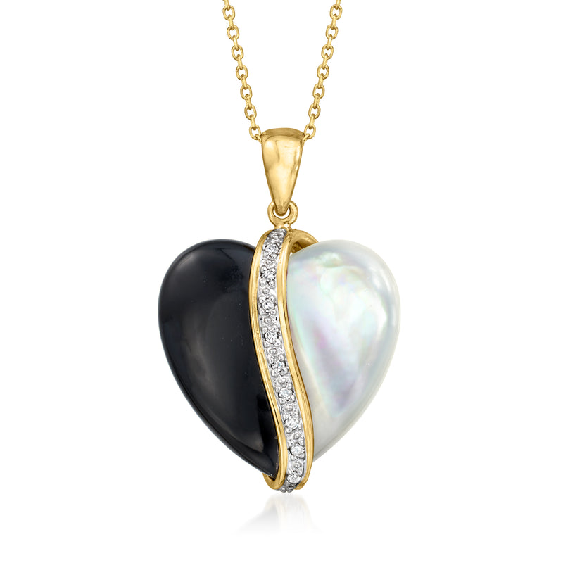 Vintage heart pendant necklace in 14kt yellow gold with mother-of-pearl, onyx, and diamond accents