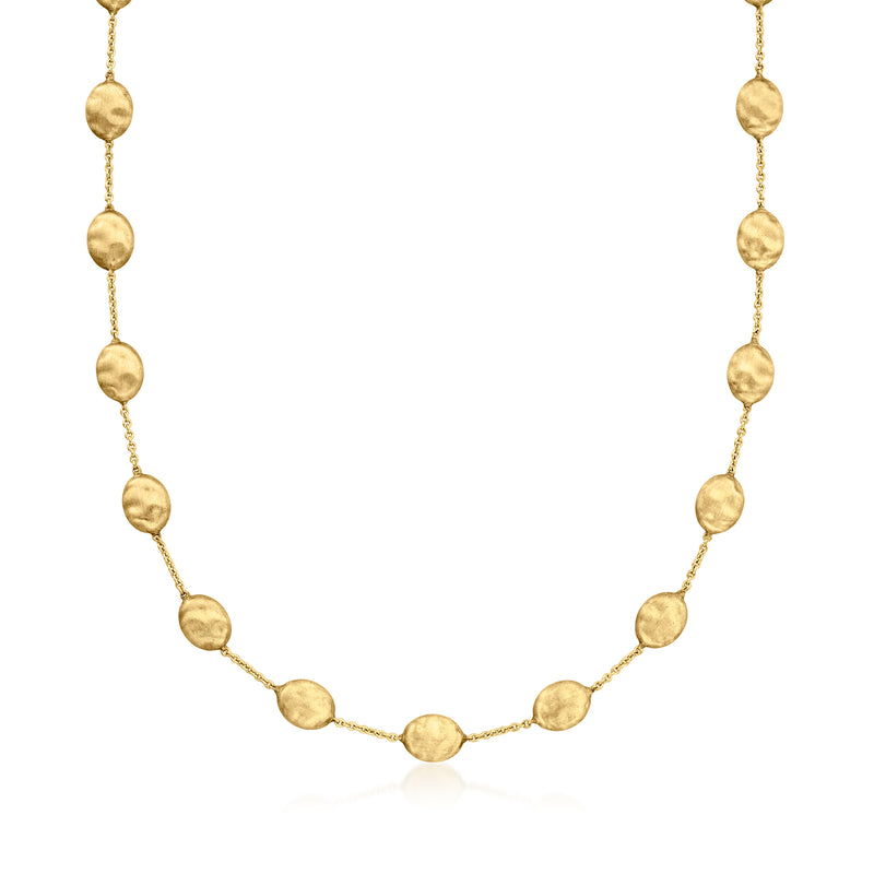 18kt yellow gold flat-bead necklace with oval disc beads and thin beaded chain