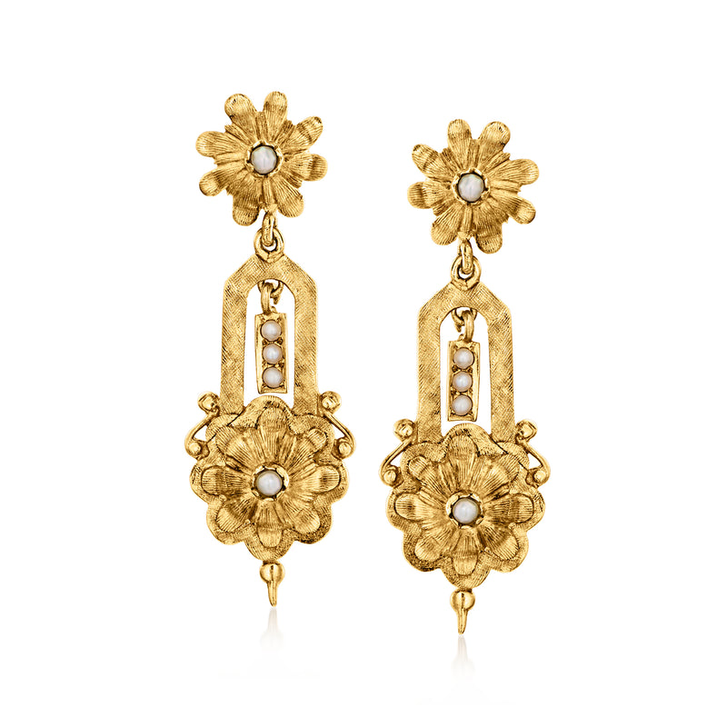 14kt yellow gold floral drop earrings with seed pearl accents