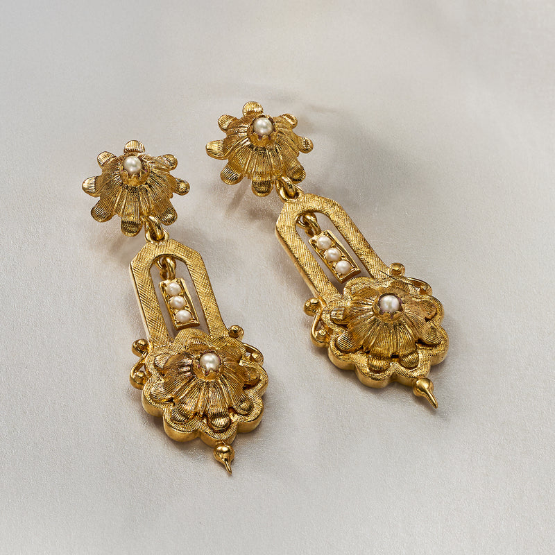 Vintage floral drop earrings in 14kt yellow gold with seed pearls