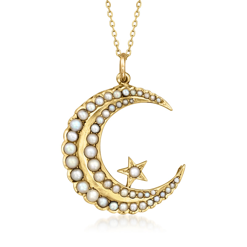 Gold crescent moon pendant necklace with cultured pearl borders and star charm