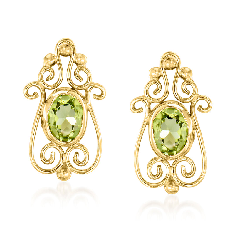 14kt yellow gold peridot fancy scrollwork post earrings