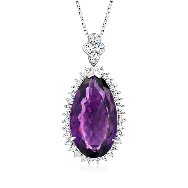 Platinum amethyst and diamond pendant necklace with large purple faceted stone, halo