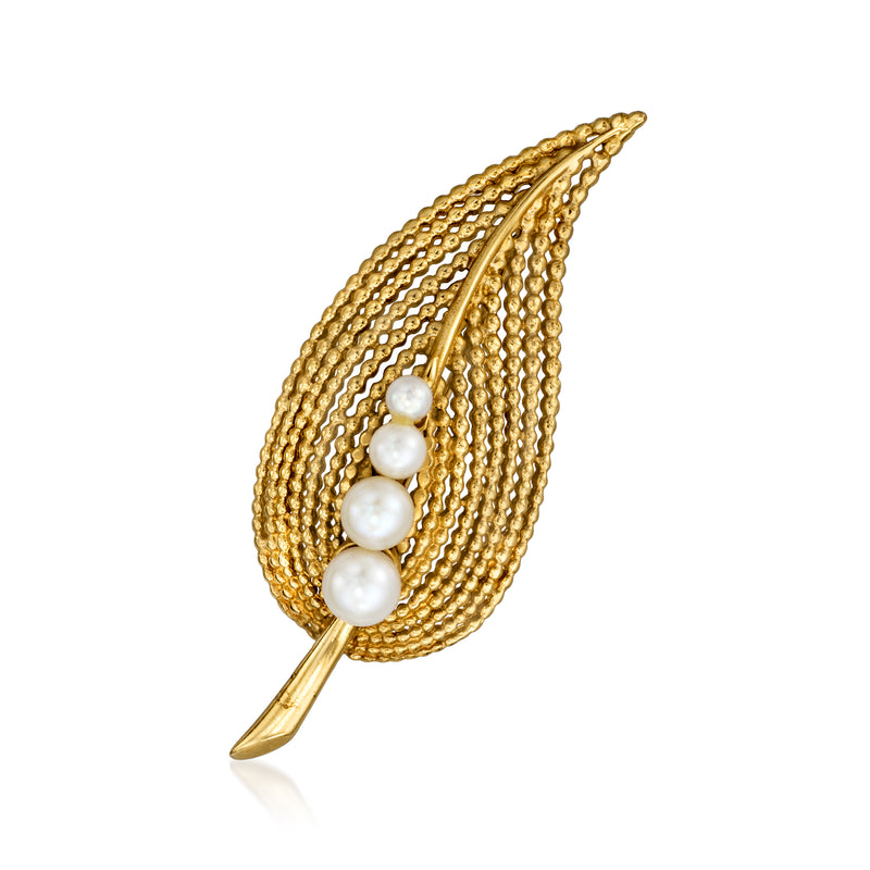 Gold leaf cultured pearl pin with three round pearls and long tapered point