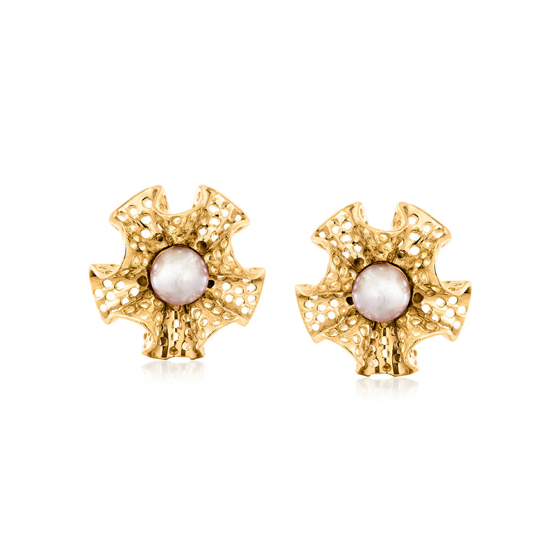 14kt yellow gold flower stud earrings with white cultured pearl centers