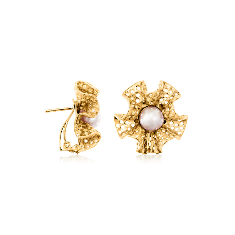 14kt yellow gold flower stud earrings, white cultured pearl with post backing