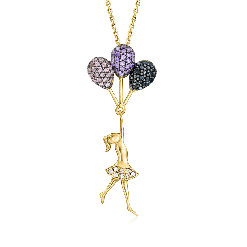 14kt yellow gold pendant necklace with ballerina girl and balloon clusters, sapphire and diamond