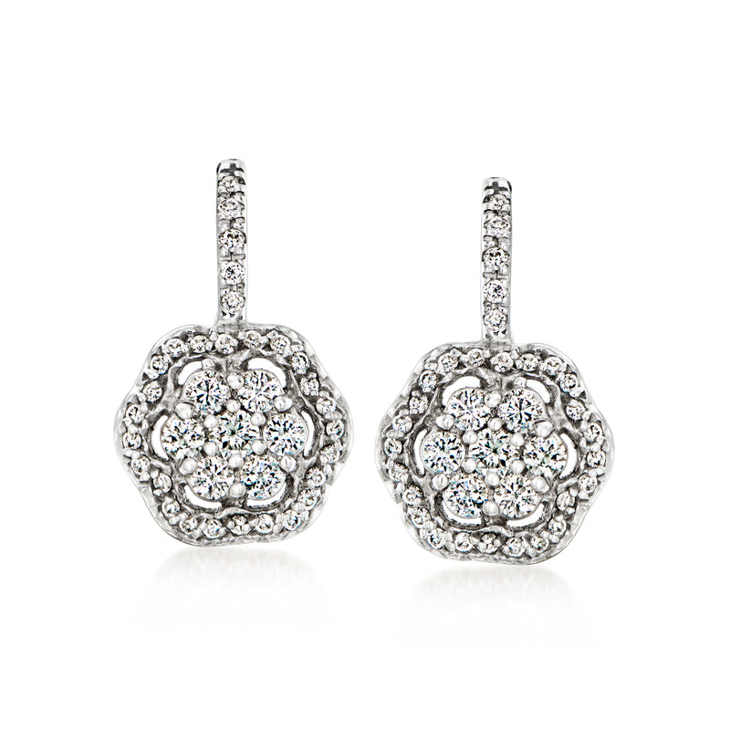 Diamond cluster drop earrings in white gold, round halos and leverback backs
