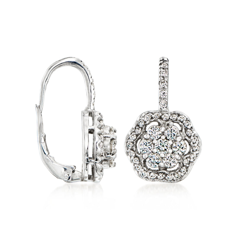 Diamond cluster drop earrings in white gold, leverback