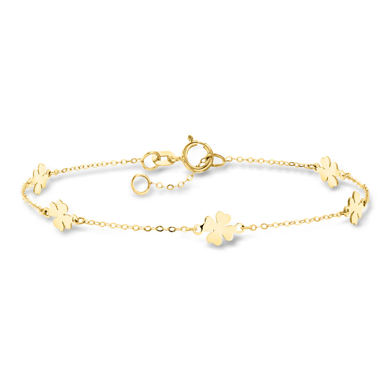 10kt yellow gold clover station bracelet with small four-leaf clover charms