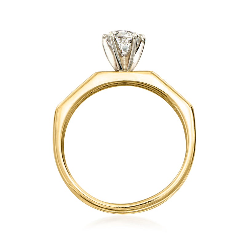 14kt yellow gold diamond ring with raised round center stone, side view of band