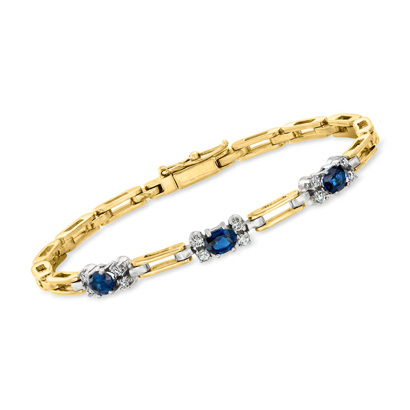Two-tone 14kt gold tennis bracelet with blue sapphire stones and small diamond accents