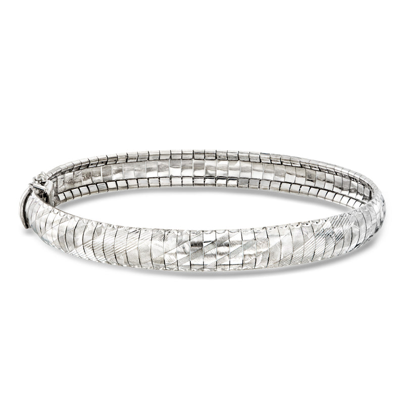 Vintage white gold diamond-cut omega bracelet with hinged links and clasp, silver tone