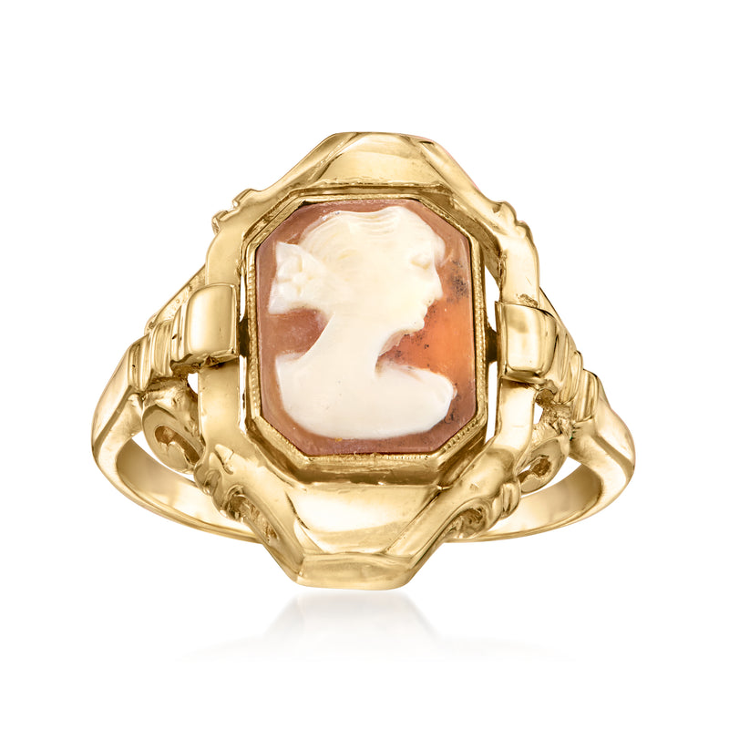 Vintage gold flip cameo ring with octagonal shell face in raised bezel setting