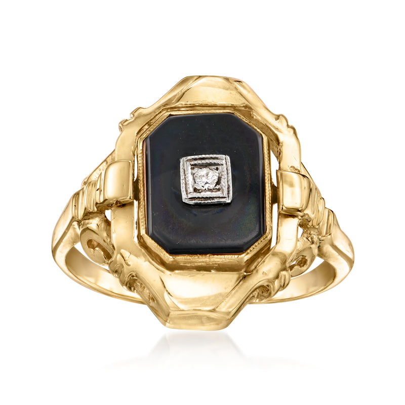 Vintage gold flip ring with dark onyx panel and square diamond-set bezel