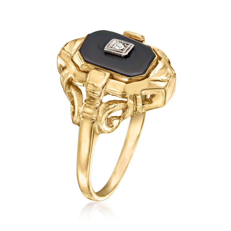 Vintage gold flip onyx ring with octagonal bezel and single diamond accent