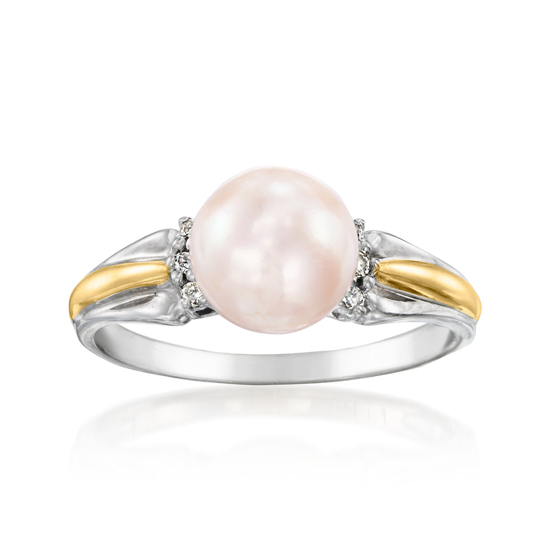 Two-tone 14kt gold ring with large pink cultured pearl and small diamond accents