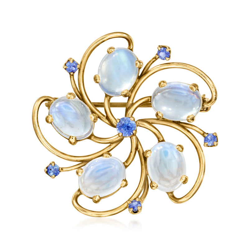 Vintage 14kt yellow gold flower pin with oval light-blue moonstones and sapphire accents