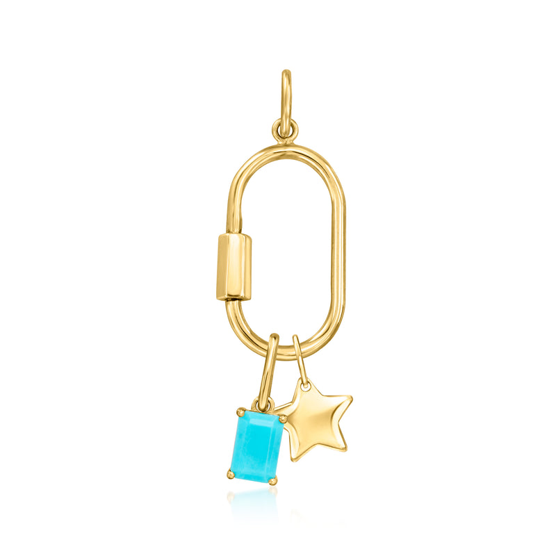 Yellow gold oval carabiner pendant with blue stone and star charm