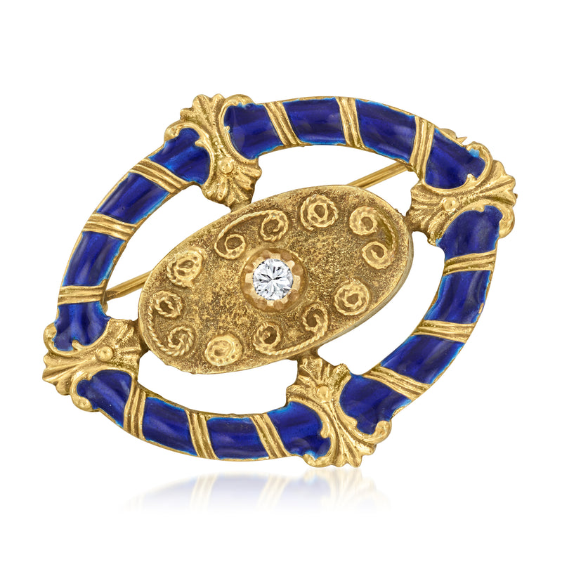 Oval gold pin with blue enamel border and small diamond center