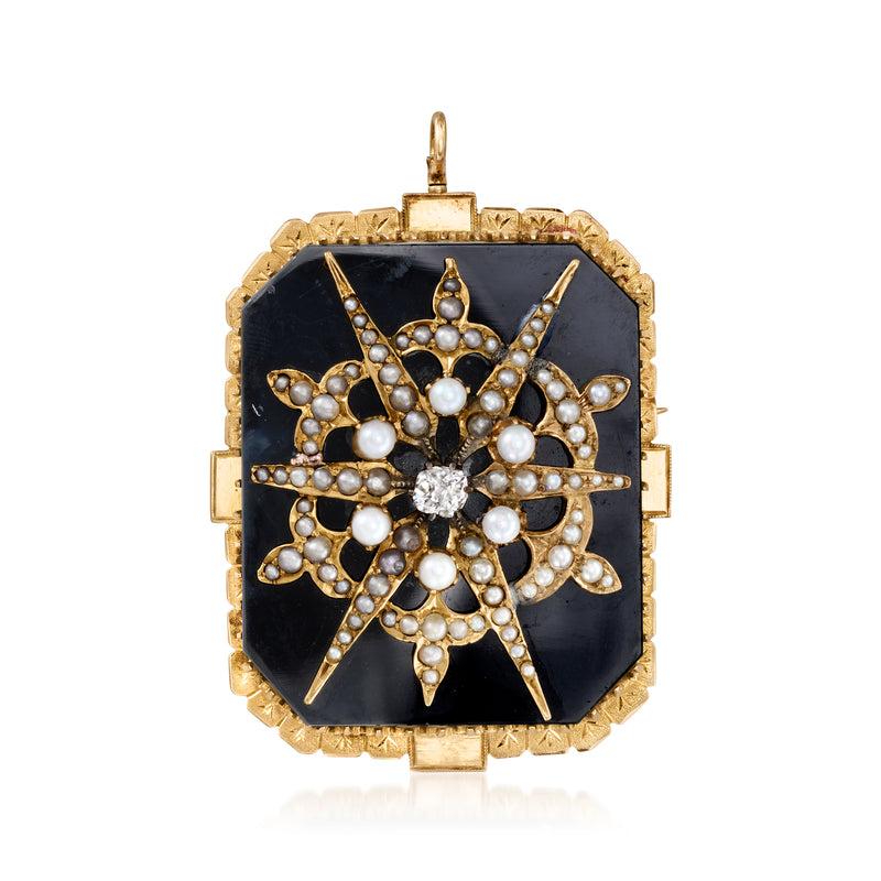 Vintage gold pin pendant with dark onyx-style enamel and pearl starburst flower, diamond accents